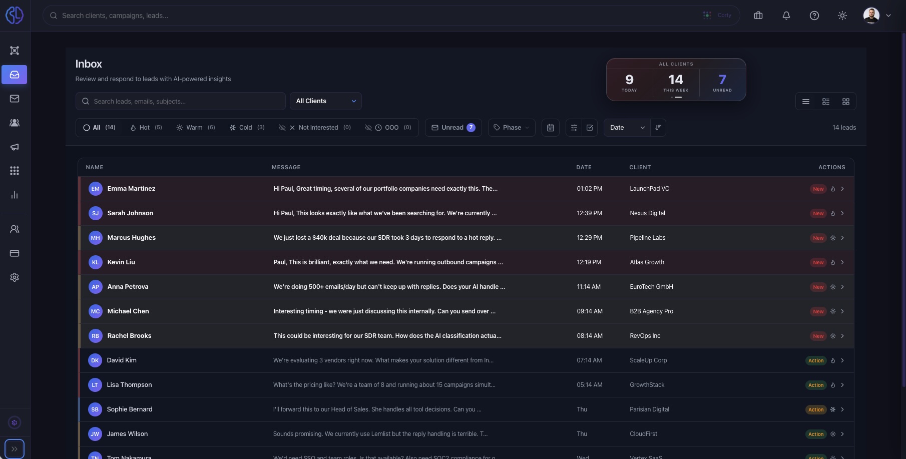 SalesLobe inbox with replies classified by Corty, HOT lead open and draft strategy