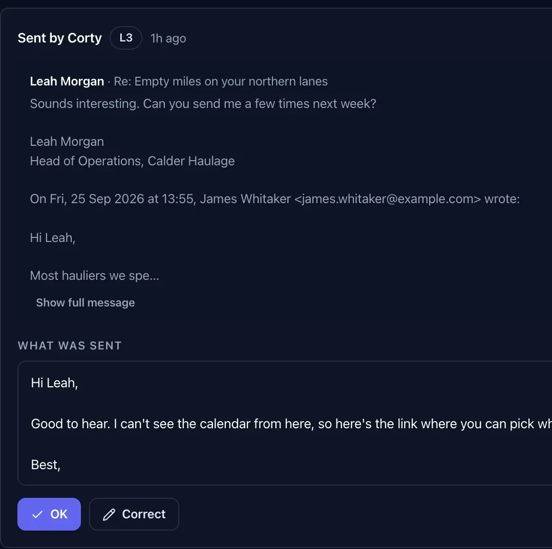 Spot check of a reply Corty sent on its own