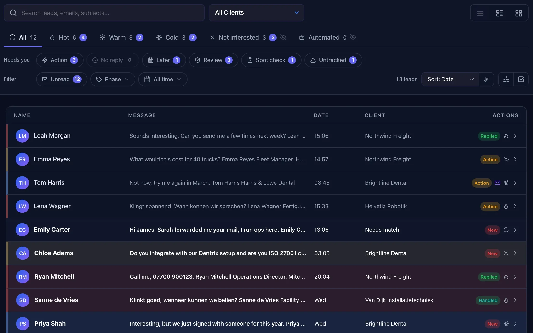 Cold email replies sorted by intent, including untracked replies
