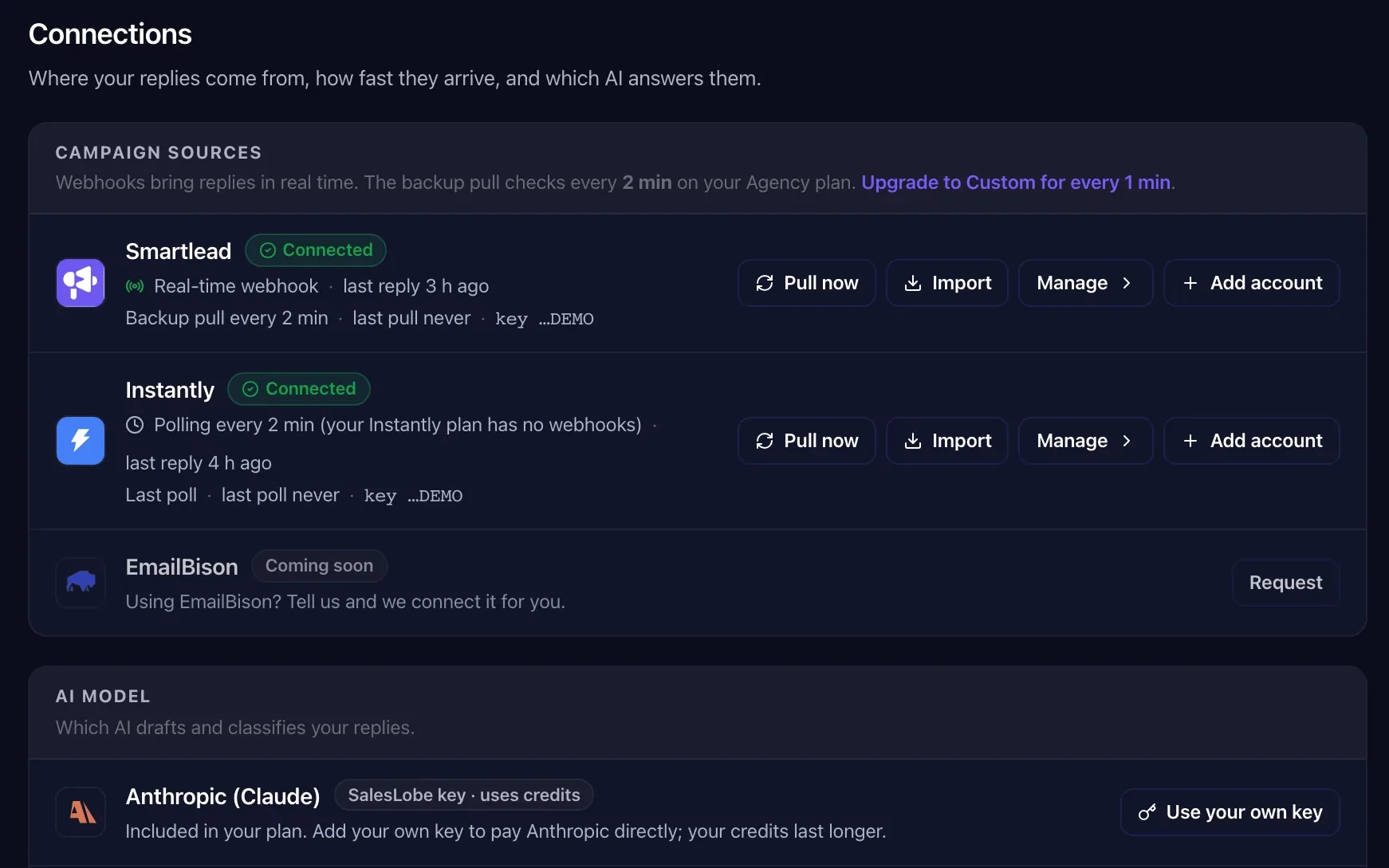 Smartlead and Instantly connected in SalesLobe settings