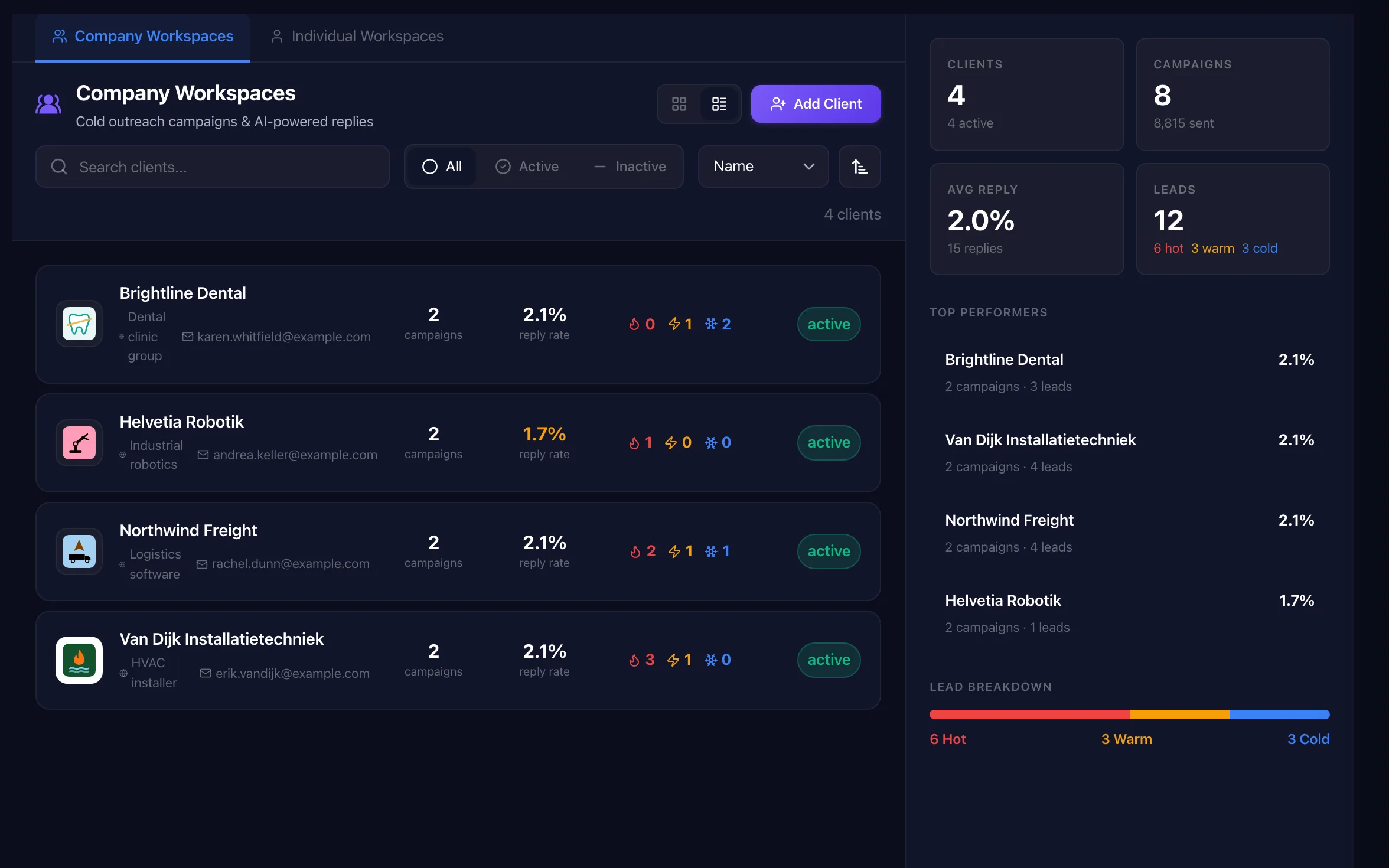 Agency clients overview with a playbook, booking link and autonomy level per client