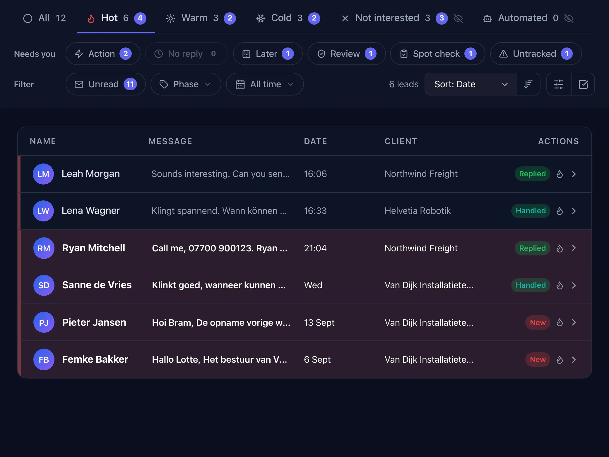 SalesLobe inbox filtered on Hot: the replies that matter first, across every client