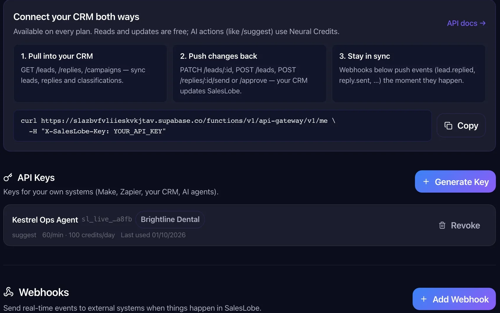 API keys and outbound webhooks in SalesLobe