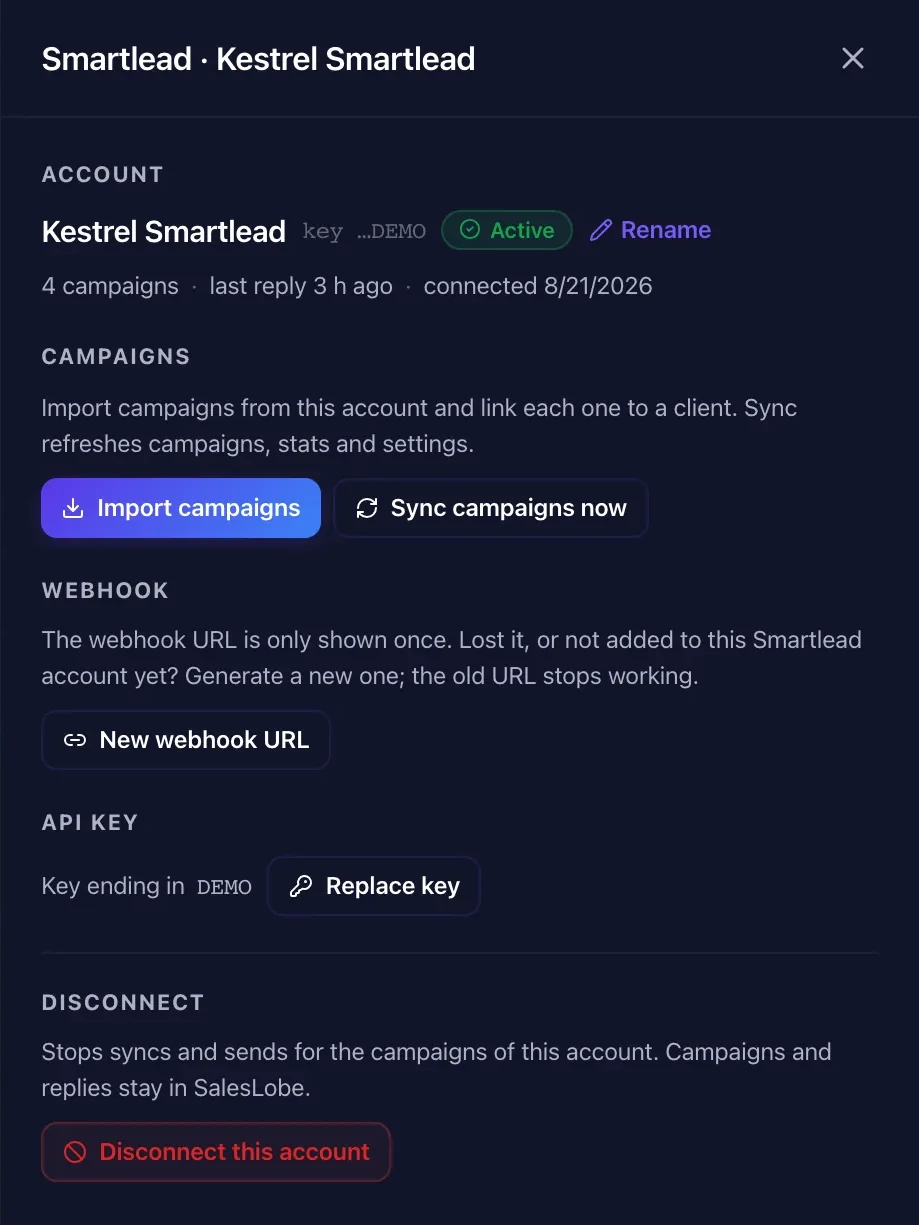 Smartlead connected to SalesLobe with the reply webhook active