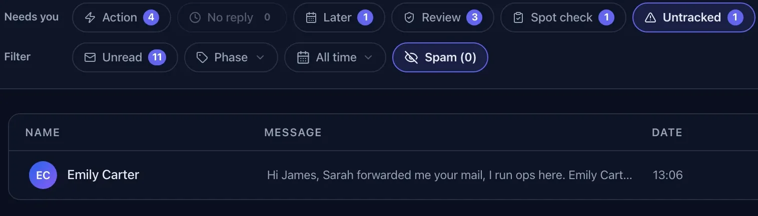 A reply from outside the campaign inbox waiting in the Untracked tab for a client match