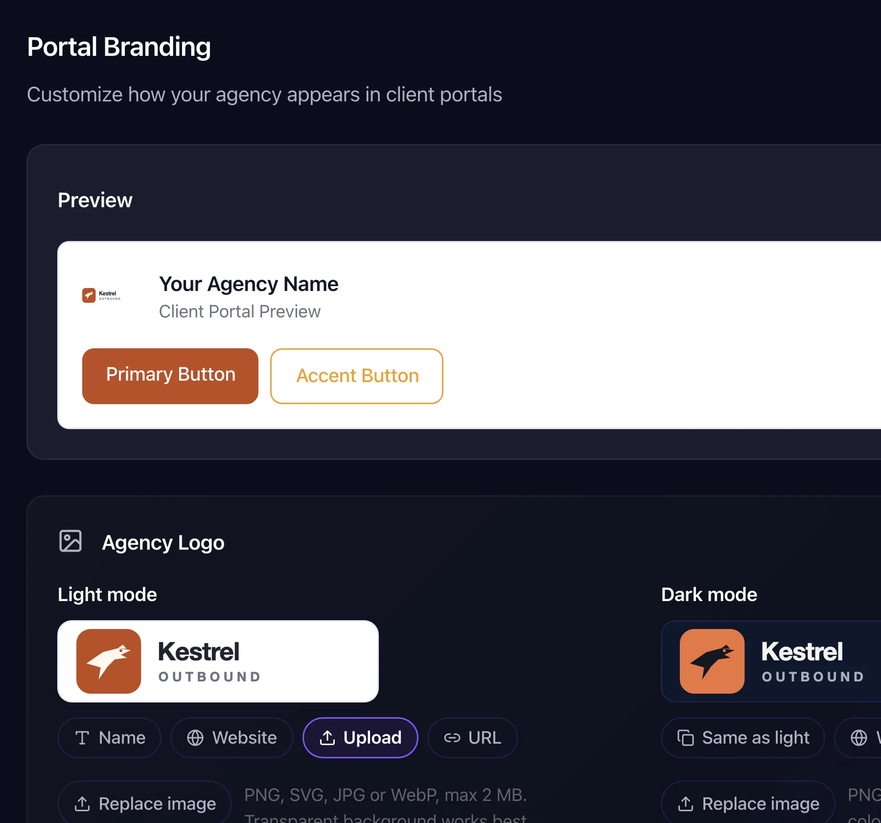 Portal branding: the agency's logo and colours with a live preview of the client portal